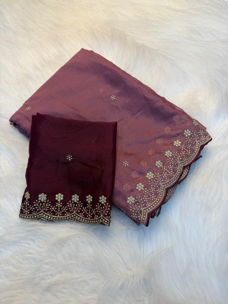 Stunning Embroidery Work Party Wear Saree ONION PINK