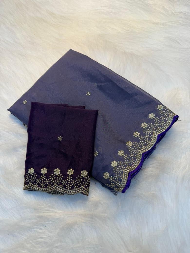 Stunning Embroidery Work Party Wear Saree PURPLE