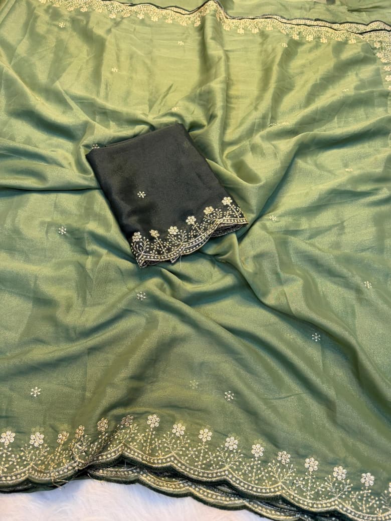 Heritage Function Wear Pure Soft Rangoli Silk Embroidery n Sequence Work Designer Saree With Blissful Blouse Piece - UN - Green
