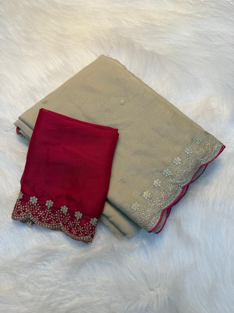 Stunning Embroidery Work Party Wear Saree CREAM