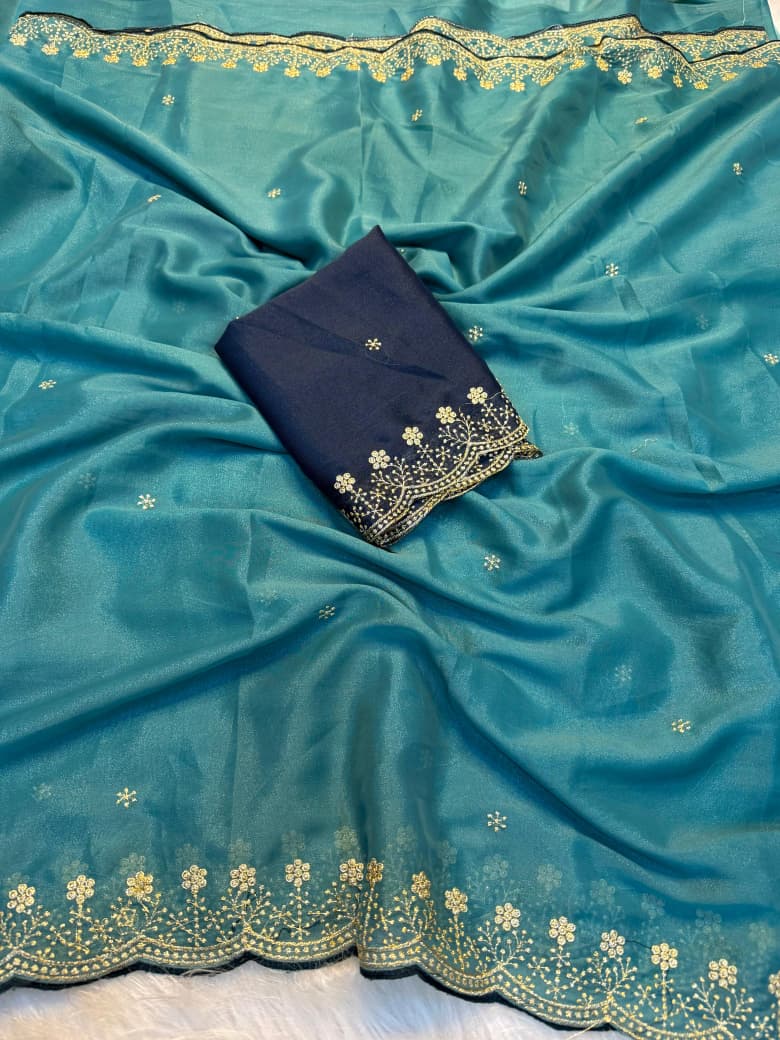 Heritage Function Wear Pure Soft Rangoli Silk Embroidery n Sequence Work Designer Saree With Blissful Blouse Piece - UN - Sky