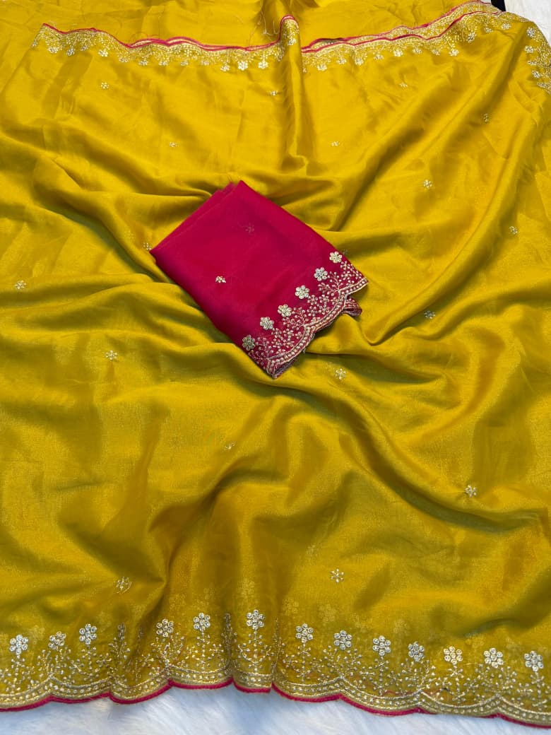 Heritage Function Wear Pure Soft Rangoli Silk Embroidery n Sequence Work Designer Saree With Blissful Blouse Piece - UN - Lemon Yellow
