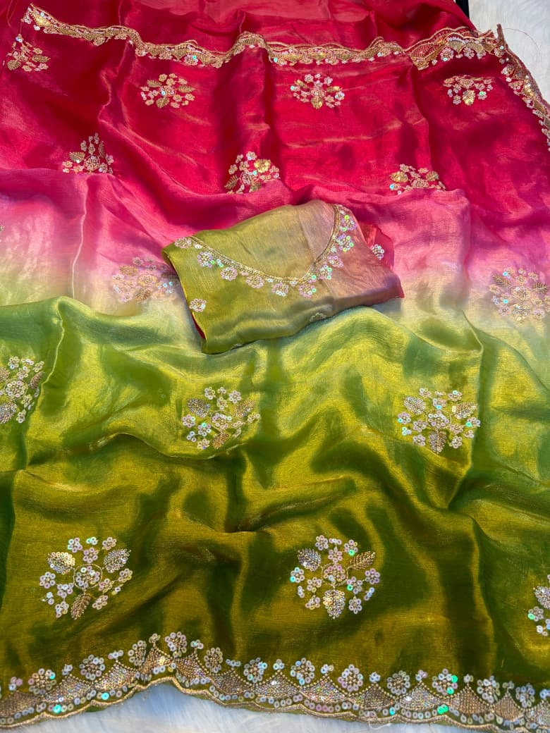 Fendy Chiffon Sequence Work Saree With Running Blouse - OLIVE GREEN