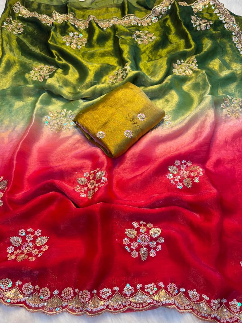 Fendy Chiffon Sequence Work Saree With Running Blouse - RED