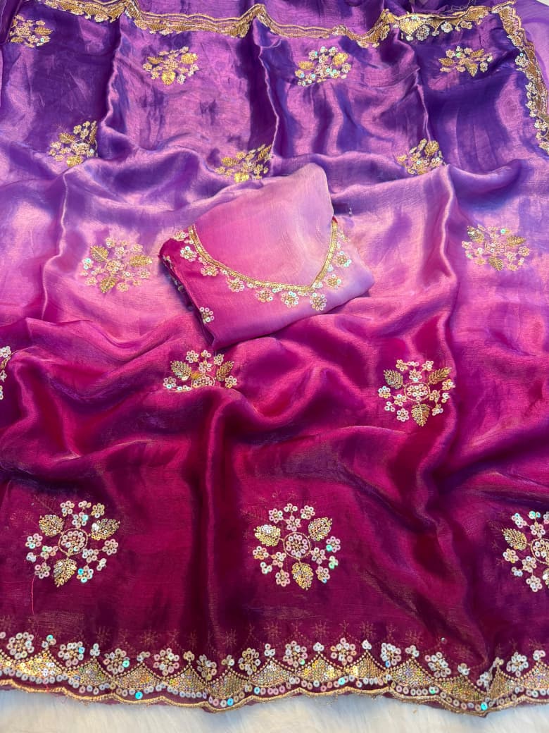 Fendy Chiffon Sequence Work Saree With Running Blouse - RANI PINK