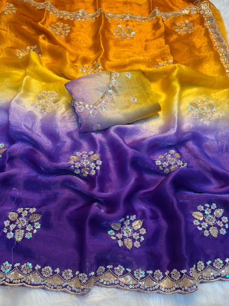 Fendy Chiffon Sequence Work Saree With Running Blouse - DARK BLUE