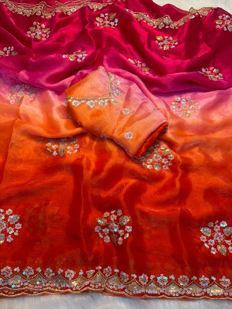 Fendy Chiffon Sequence Work Saree With Running Blouse - ORANGE