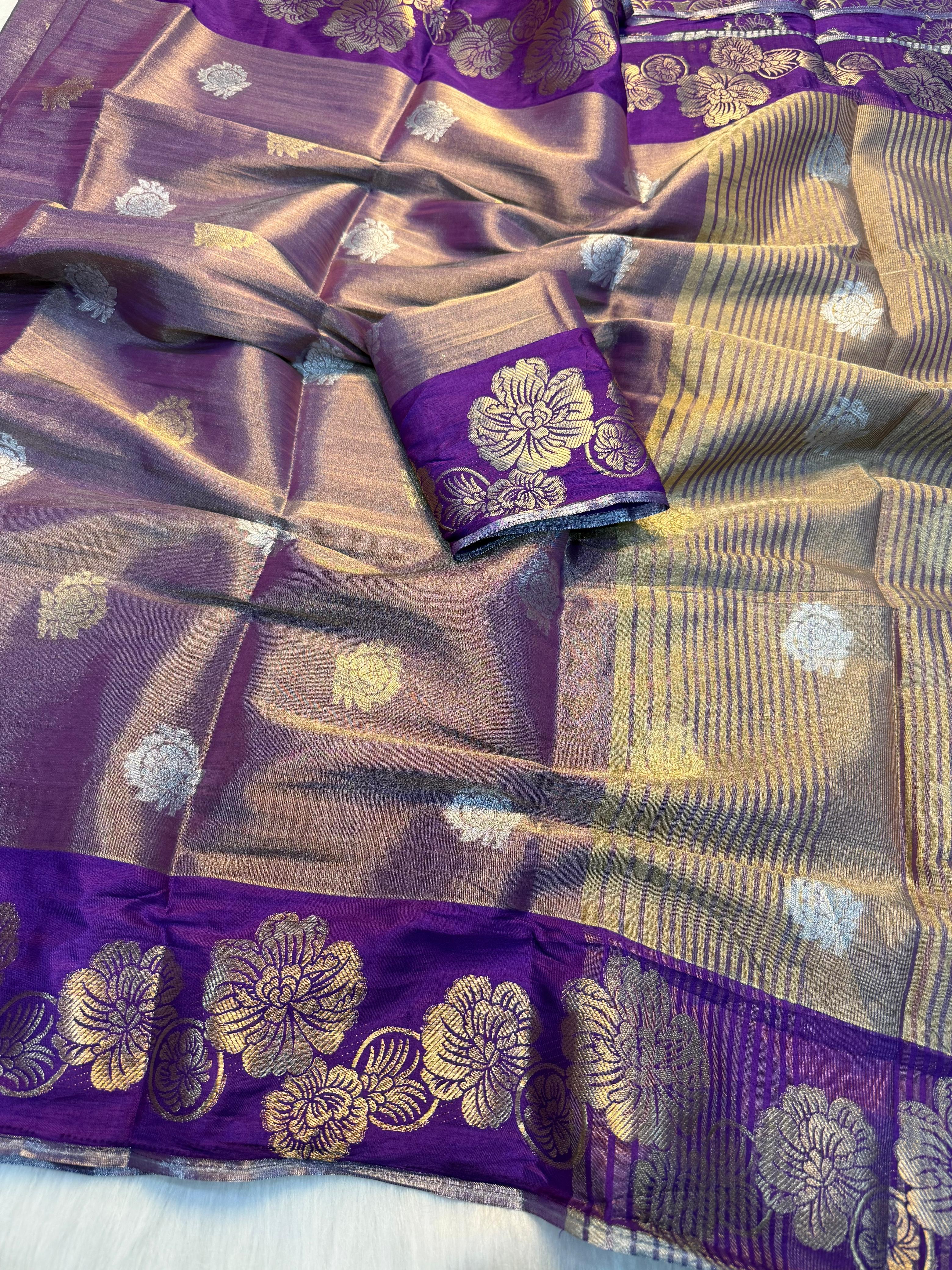 Elegant Viscose Georgette Saree with Rich Floral 2D Zari Border & Matching Running Blouse - PURPLE
