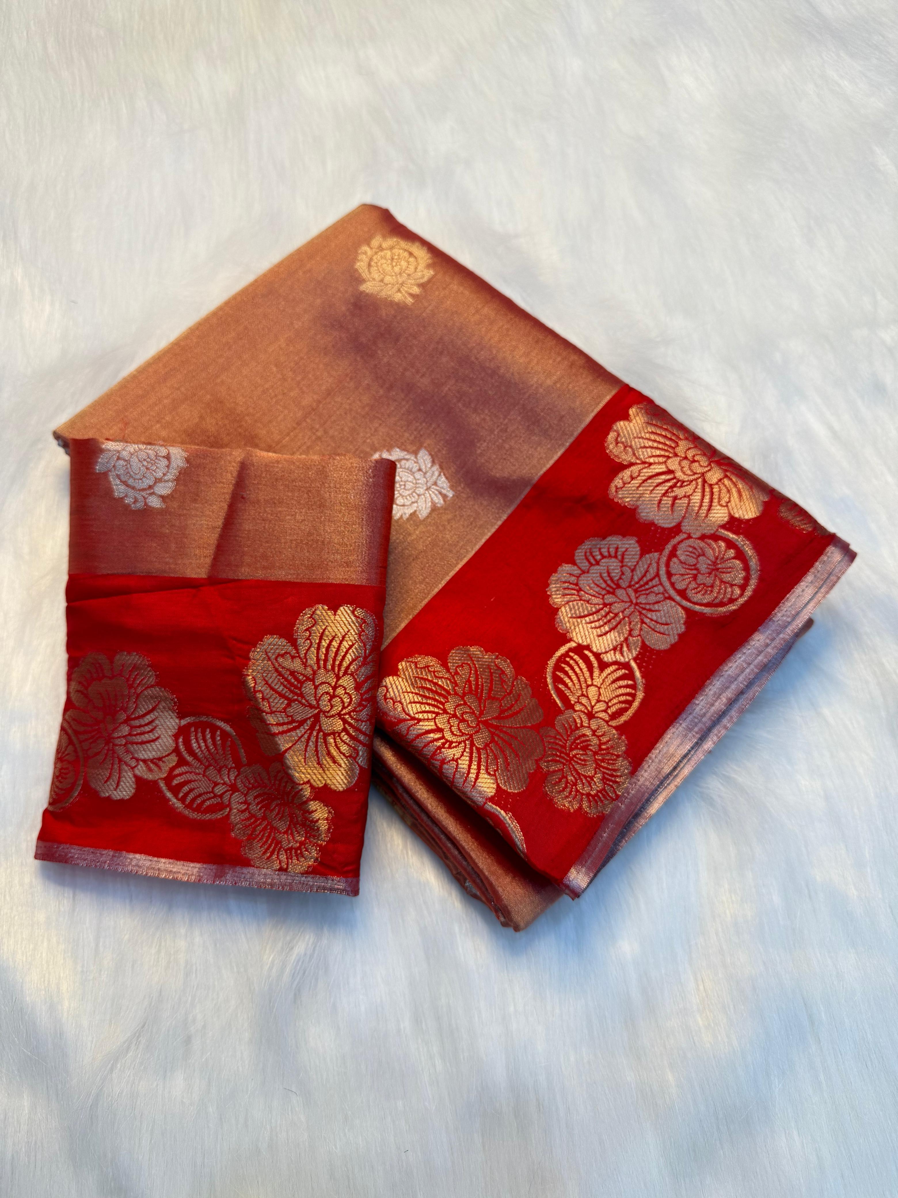 Elegant Viscose Georgette Saree with Rich Floral 2D Zari Border & Matching Running Blouse - ORANGE