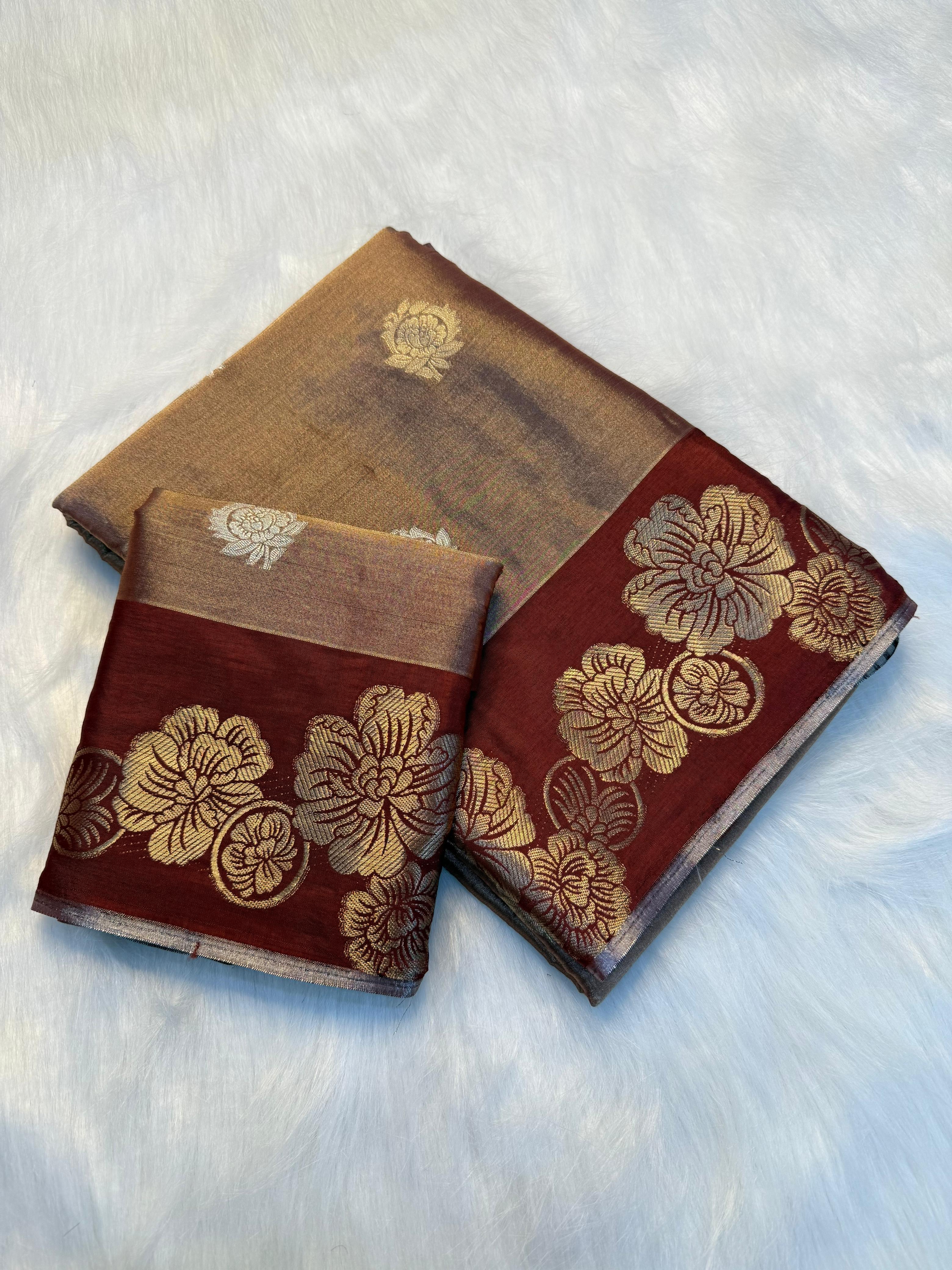 Elegant Viscose Georgette Saree with Rich Floral 2D Zari Border & Matching Running Blouse - BROWN