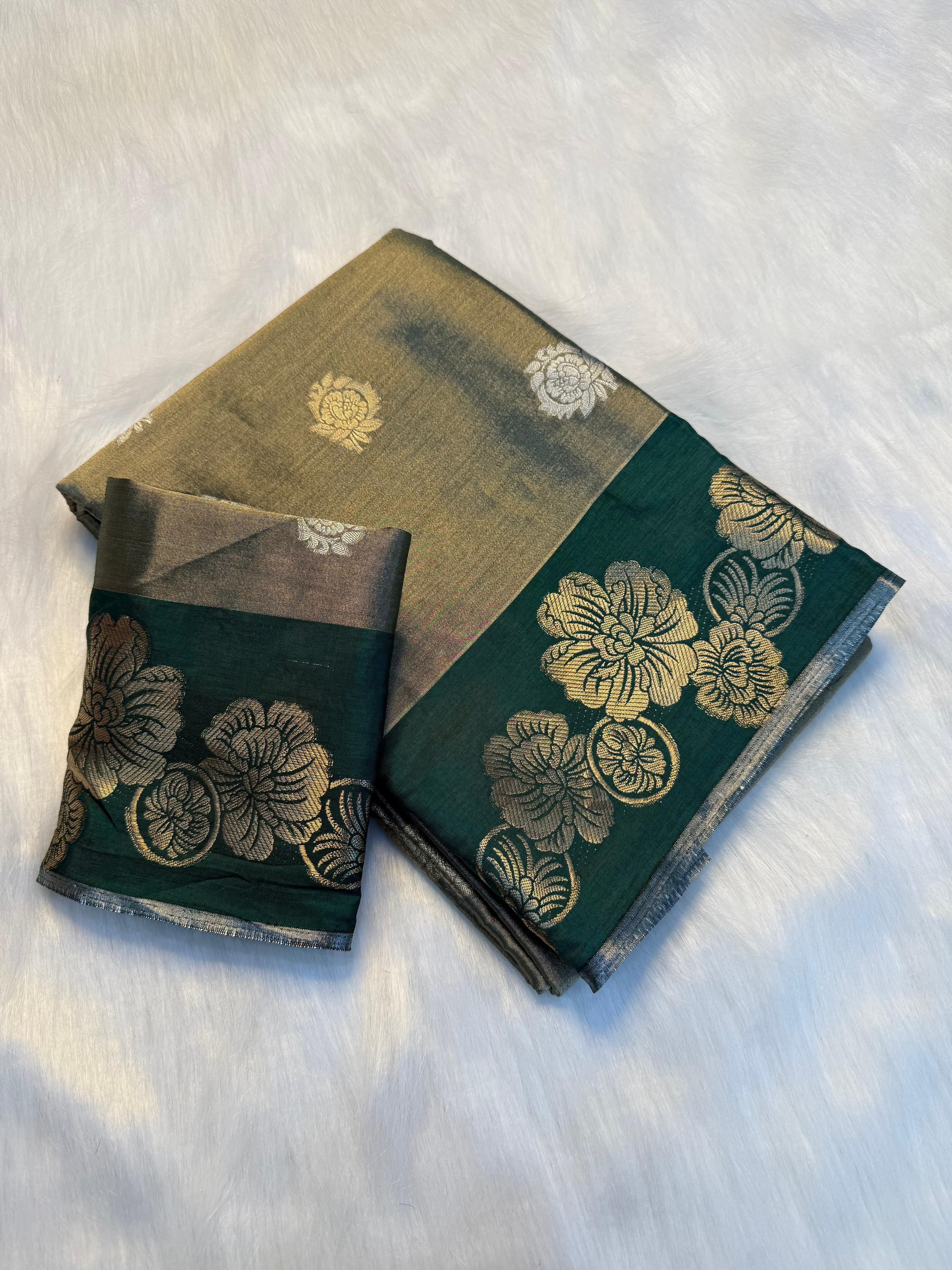 Elegant Viscose Georgette Saree with Rich Floral 2D Zari Border & Matching Running Blouse - GREEN
