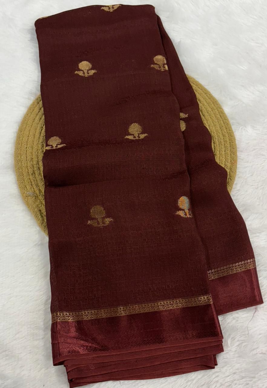 Elegant Woven Designer Saree with Minimal Motif Detailing and Rich Border :  BROWN