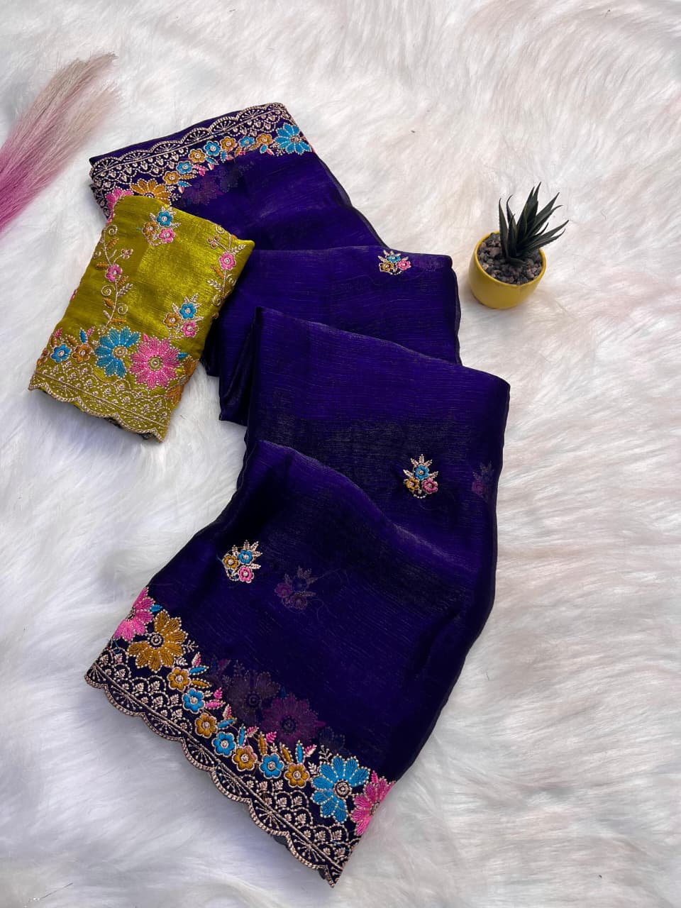 Elegant Teal Pure Soft Fendy Satin Saree with Multi Floral Embroidery & Contrast Designer Blouse - DARK PURPLE
