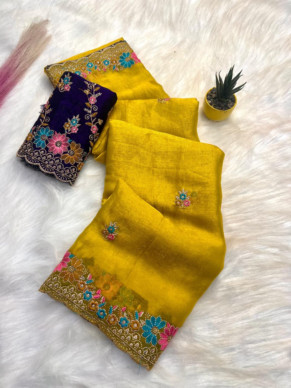 Elegant Teal Pure Soft Fendy Satin Saree with Multi Floral Embroidery & Contrast Designer Blouse - YELLOW