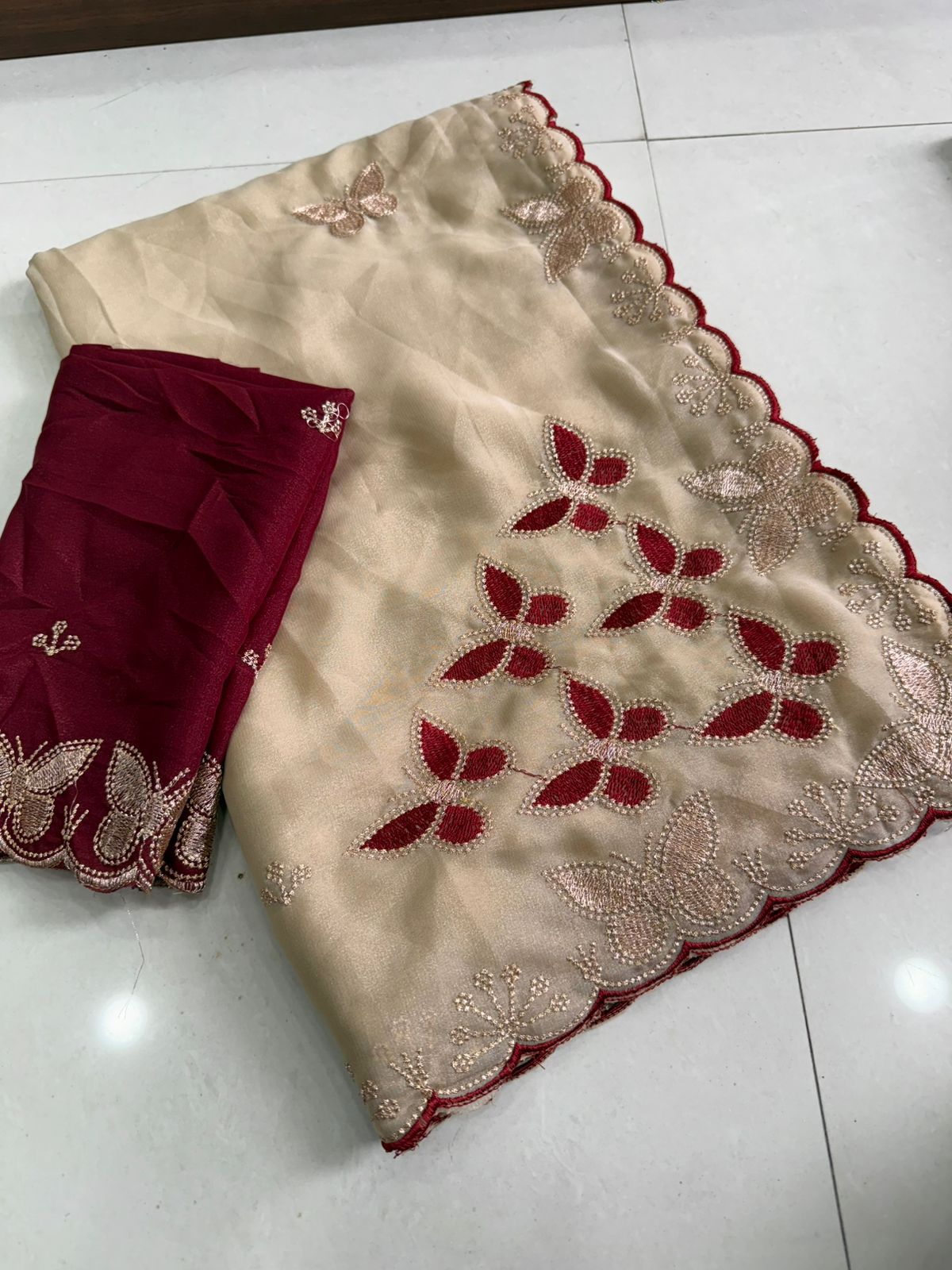Designer Star Georgette Saree with Multi Embroidery Work - CREAM