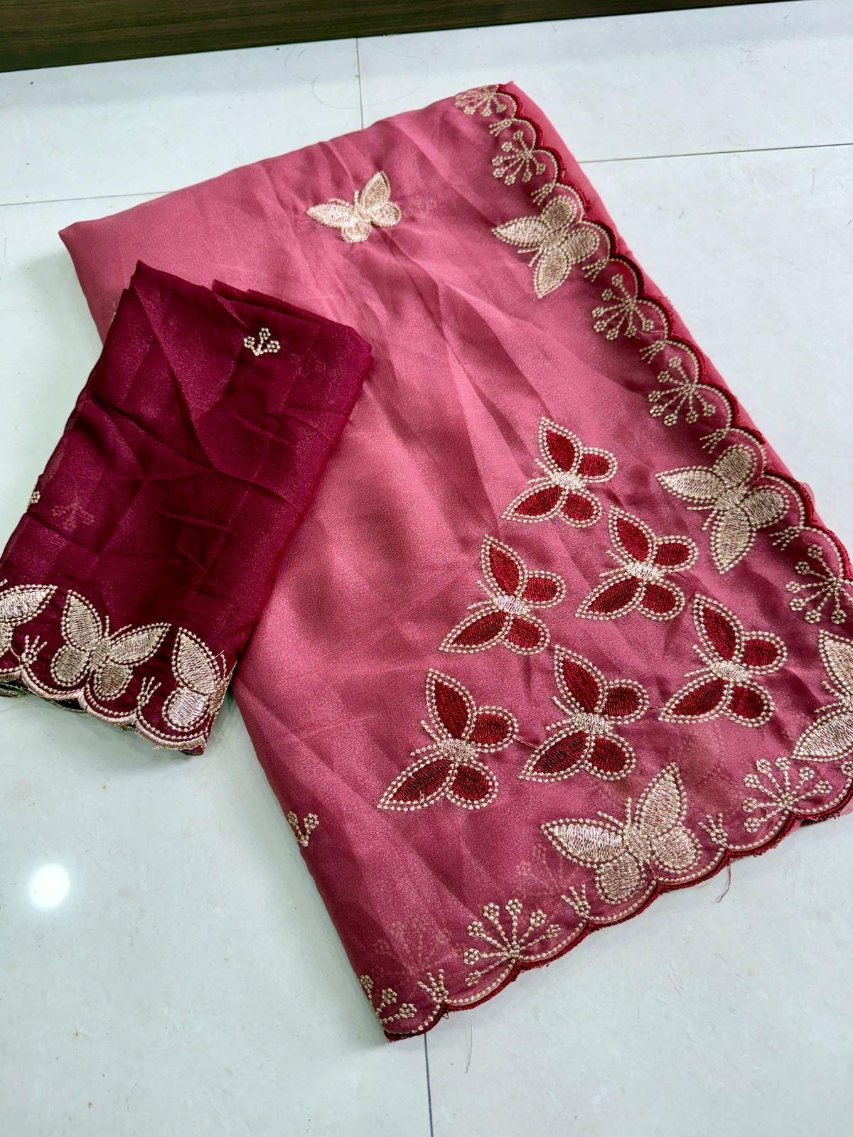Designer Star Georgette Saree with Multi Embroidery Work - ONION PINK