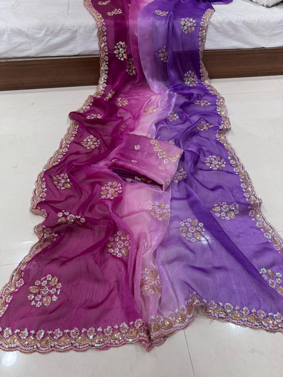 Fendy Chiffon Sequence Work Saree rani pink & purple  With Running Blouse