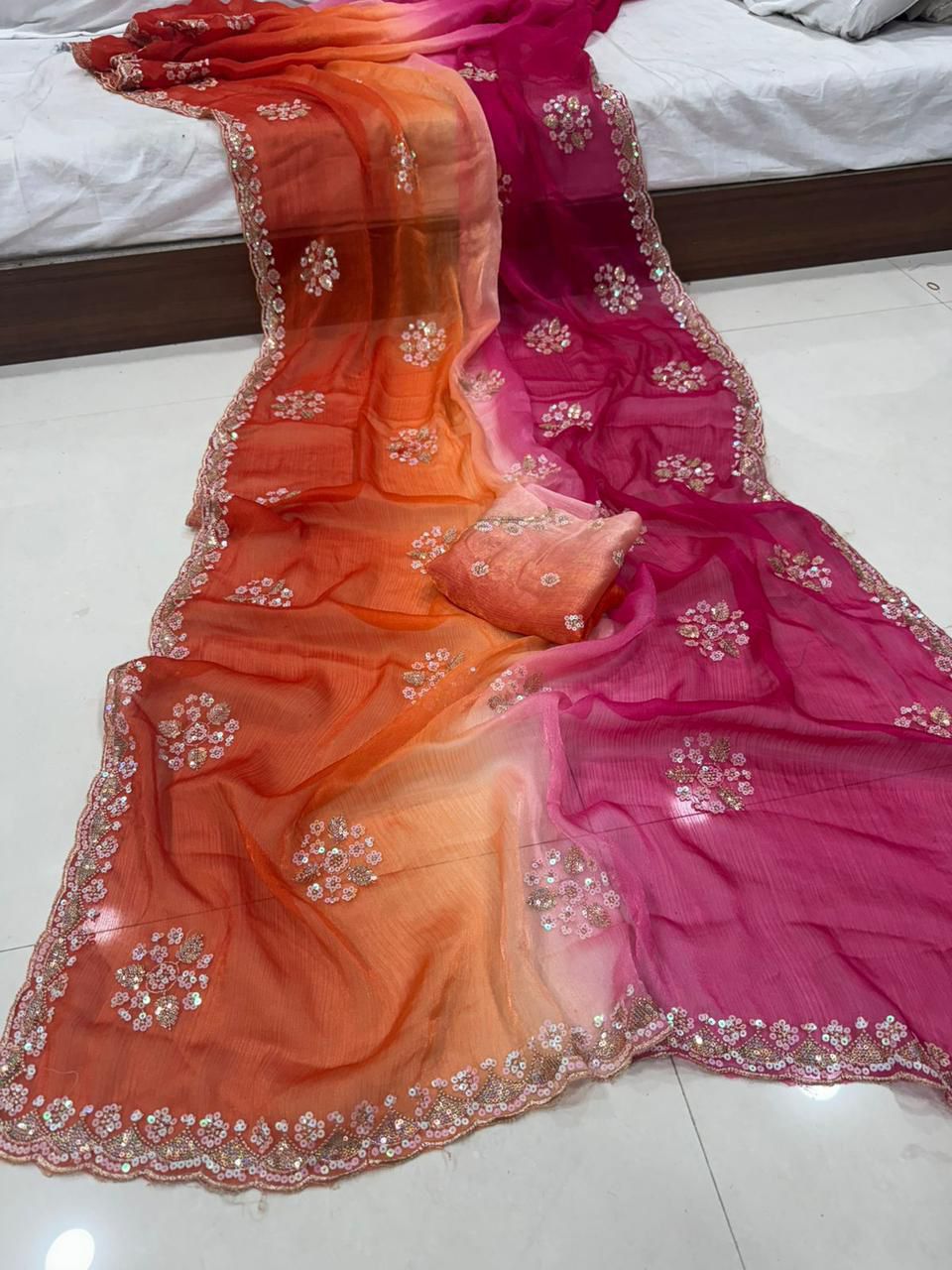Fendy Chiffon Sequence Work Saree rani pink & orange  With Running Blouse