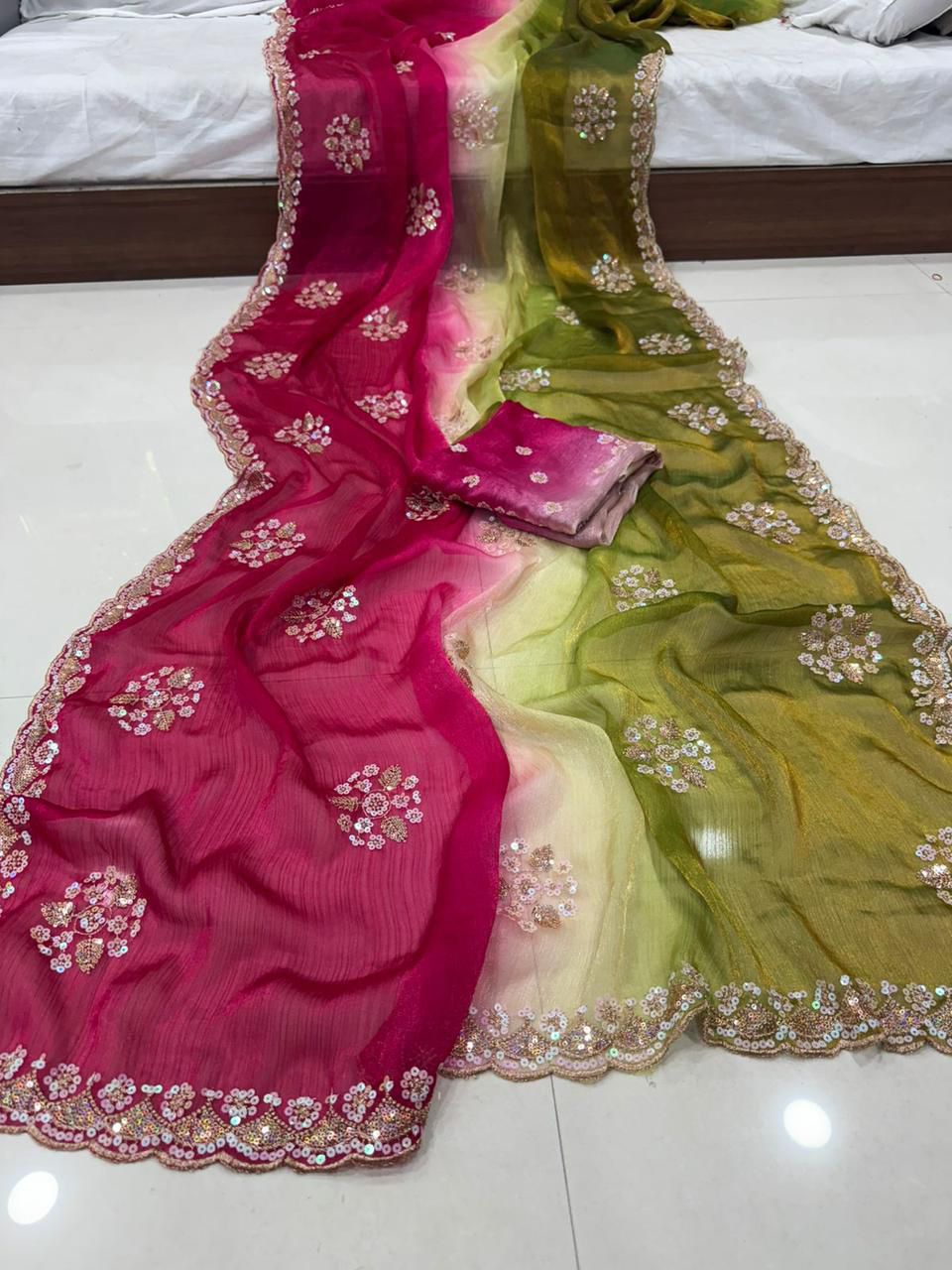 Fendy Chiffon Sequence Work Saree rani pink & mehendi  With Running Blouse