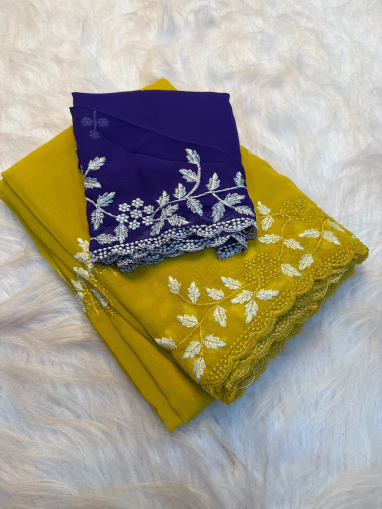 Pure Soft Star Multi Embroidery Work Saree with Contrast Running Blouse - MUSTARD YELLOW
