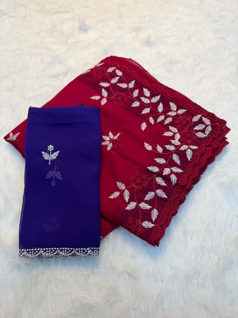 Pure Soft Star Multi Embroidery Work Saree with Contrast Running Blouse - PINK