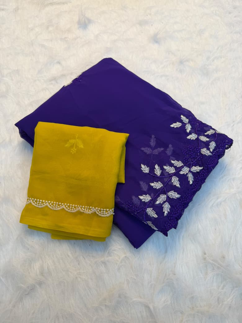 Pure Soft Star Multi Embroidery Work Saree with Contrast Running Blouse - PURPLE