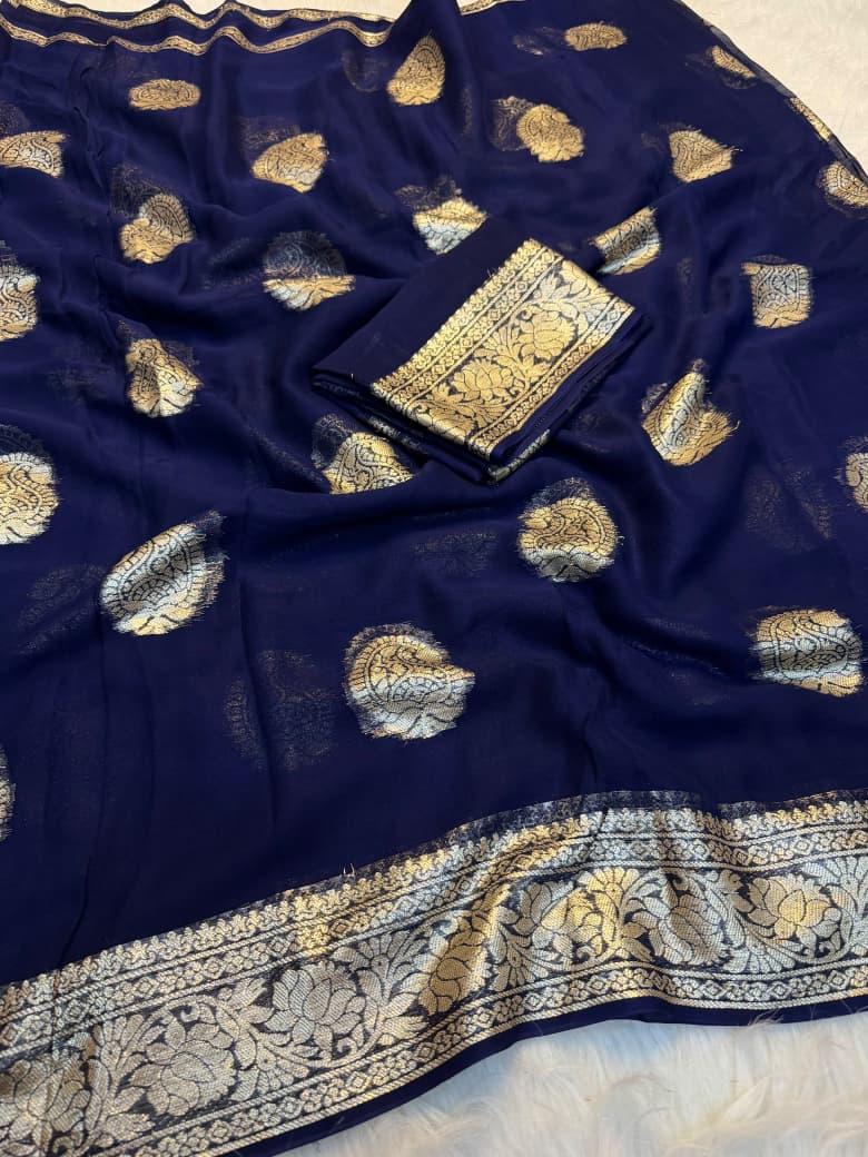 Traditional Soft Silk Zari Border Saree for Women - NAVY BLUE