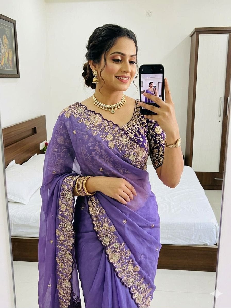 Celebrity Style Star Georgette Saree with Heavy Sequence Blouse - PURPLE