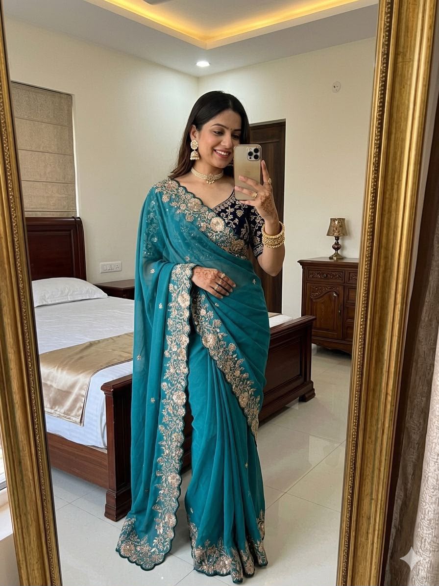 Celebrity Style Star Georgette Saree with Heavy Sequence Blouse - SKY BLUE