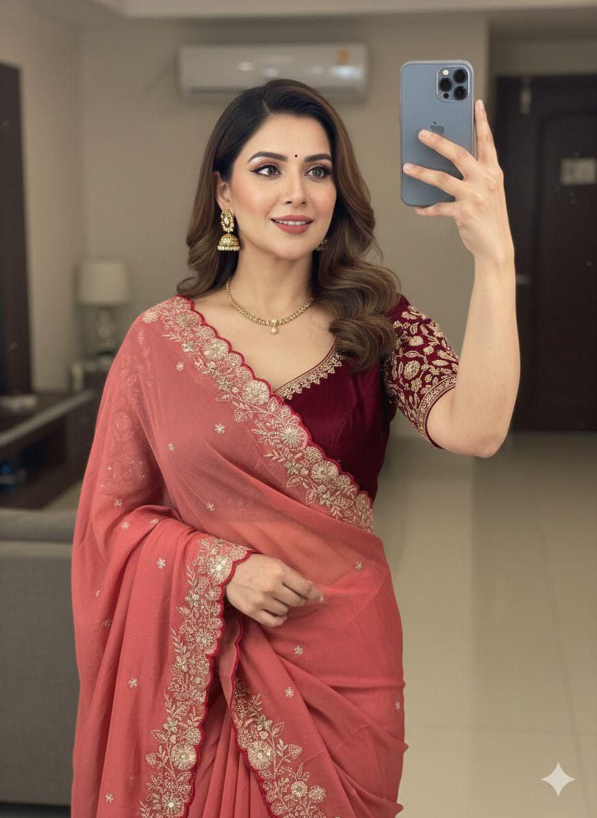 Celebrity Style Star Georgette Saree with Heavy Sequence Blouse -SALMON PINK