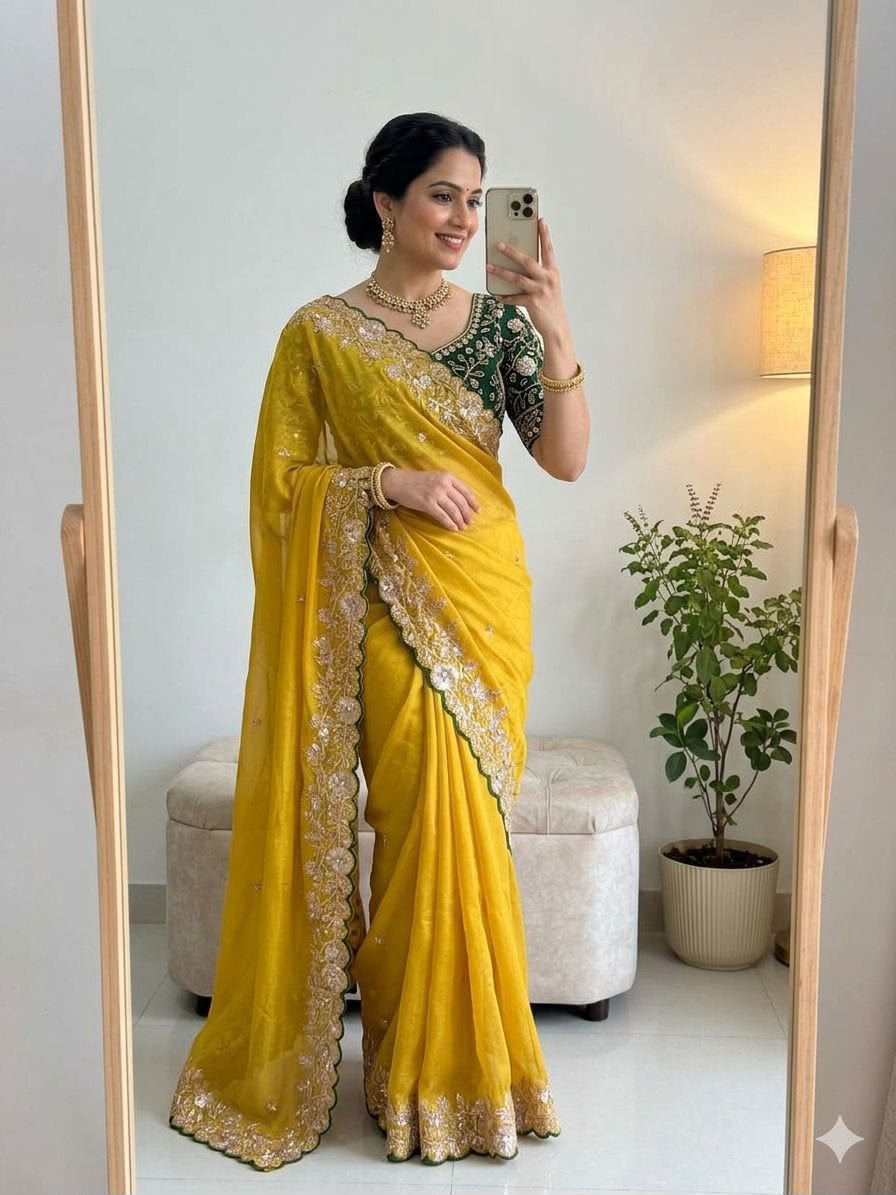 Celebrity Style Star Georgette Saree with Heavy Sequence Blouse - YELLOW