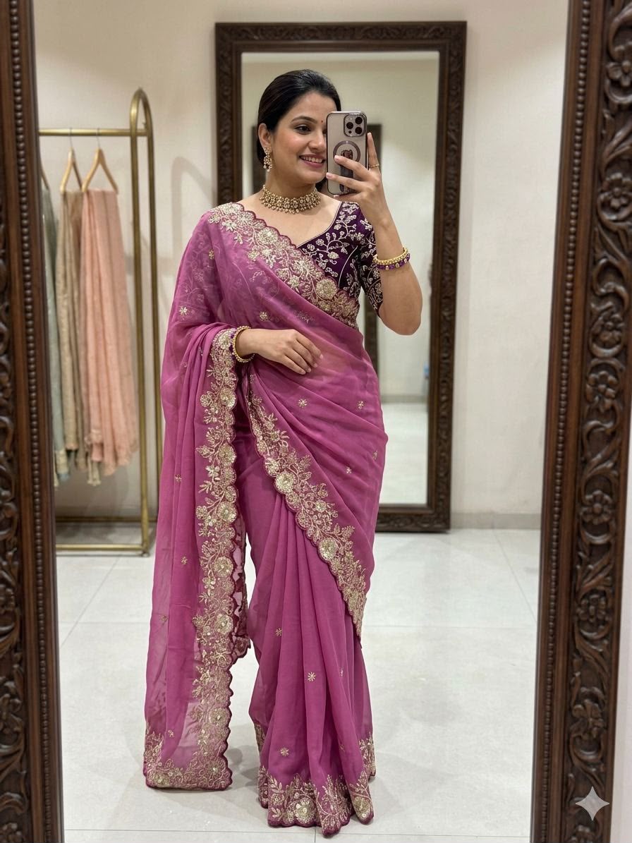 Celebrity Style Star Georgette Saree with Heavy Sequence Blouse - PINK