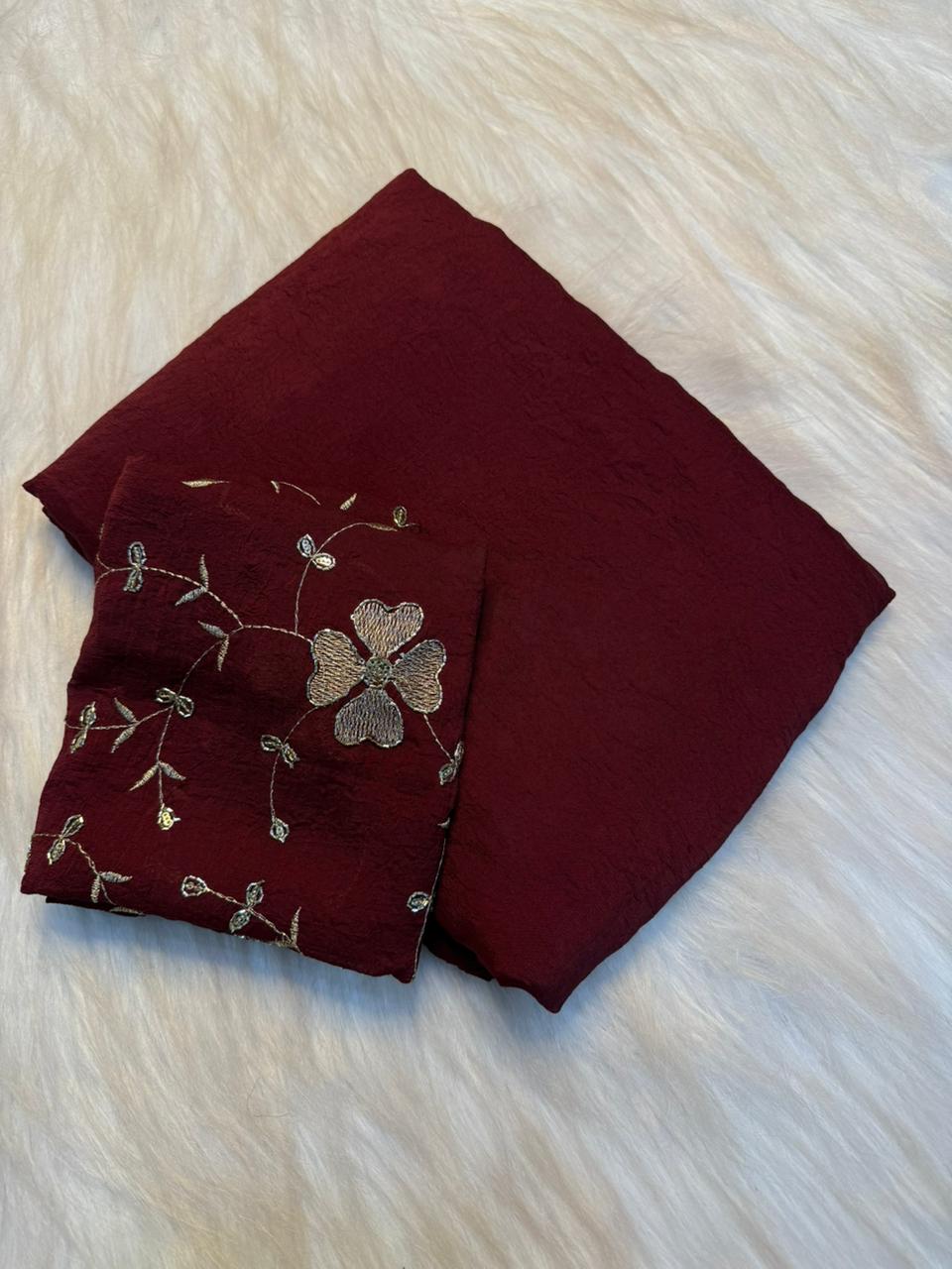 Elegant Rangoli Crush Saree with Sequins & Bits Work Designer Blouse - MAROON