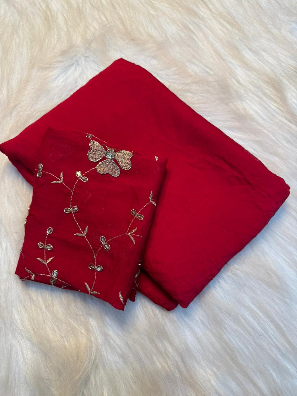 Elegant Rangoli Crush Saree with Sequins & Bits Work Designer Blouse - RED