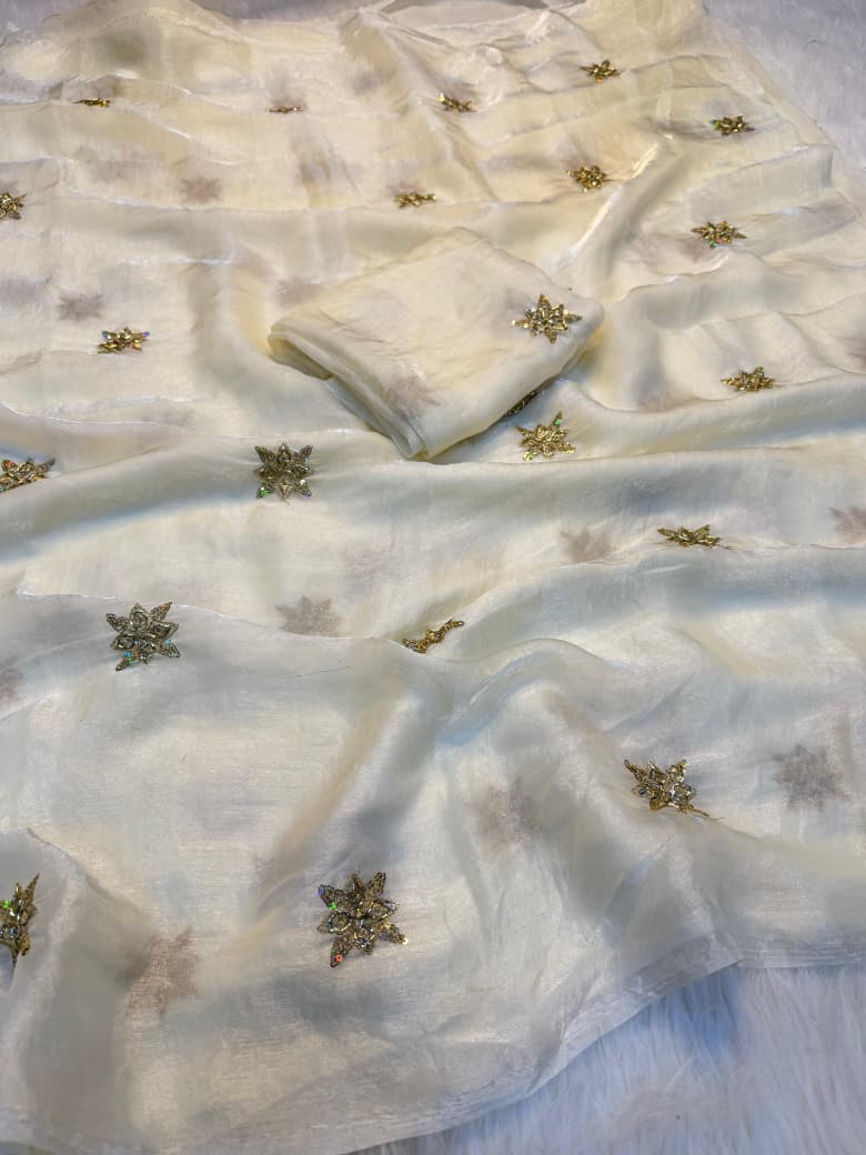 Elegant Fendy Satin Bits Work Saree with Heavy Running Blouse - WHITE