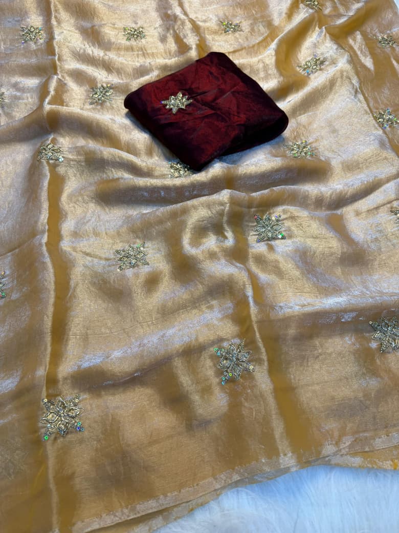 Elegant Fendy Satin Bits Work Saree with Heavy Running Blouse - GOLD
