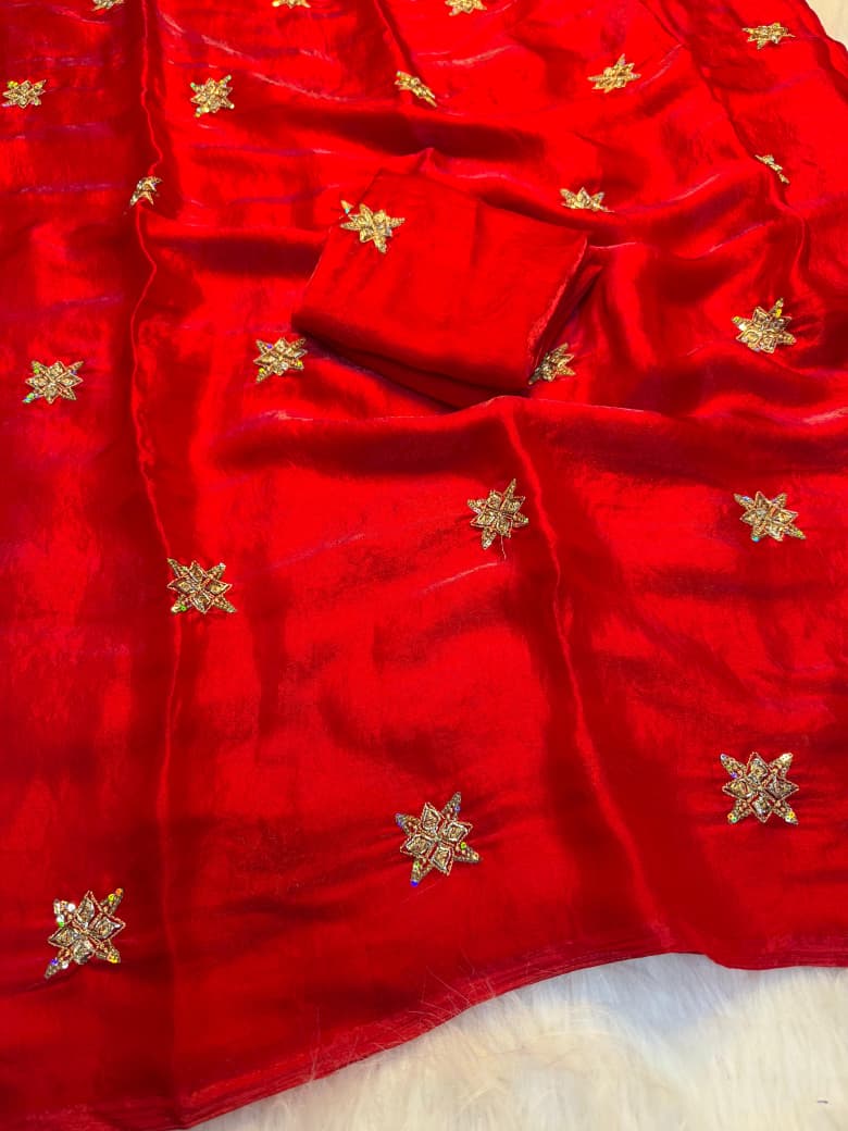 Elegant Fendy Satin Bits Work Saree with Heavy Running Blouse - RED