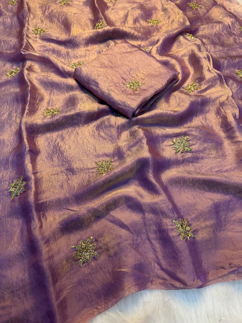 Elegant Fendy Satin Bits Work Saree with Heavy Running Blouse - PURPLE