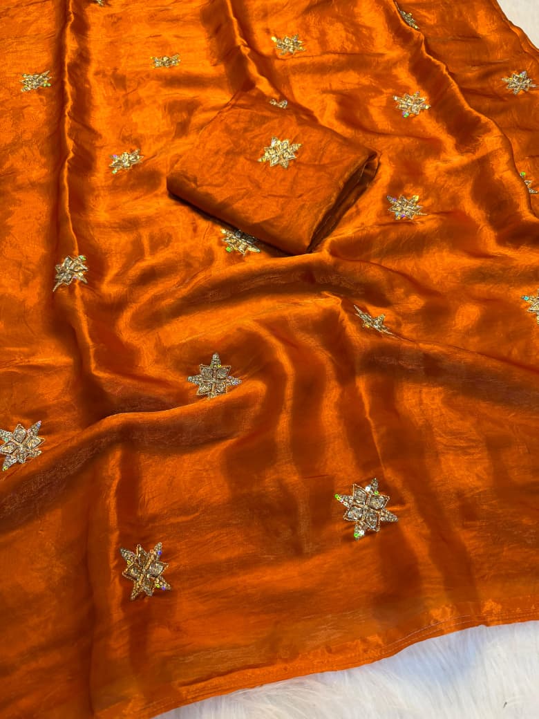 Elegant Fendy Satin Bits Work Saree with Heavy Running Blouse - RUST ORANGE