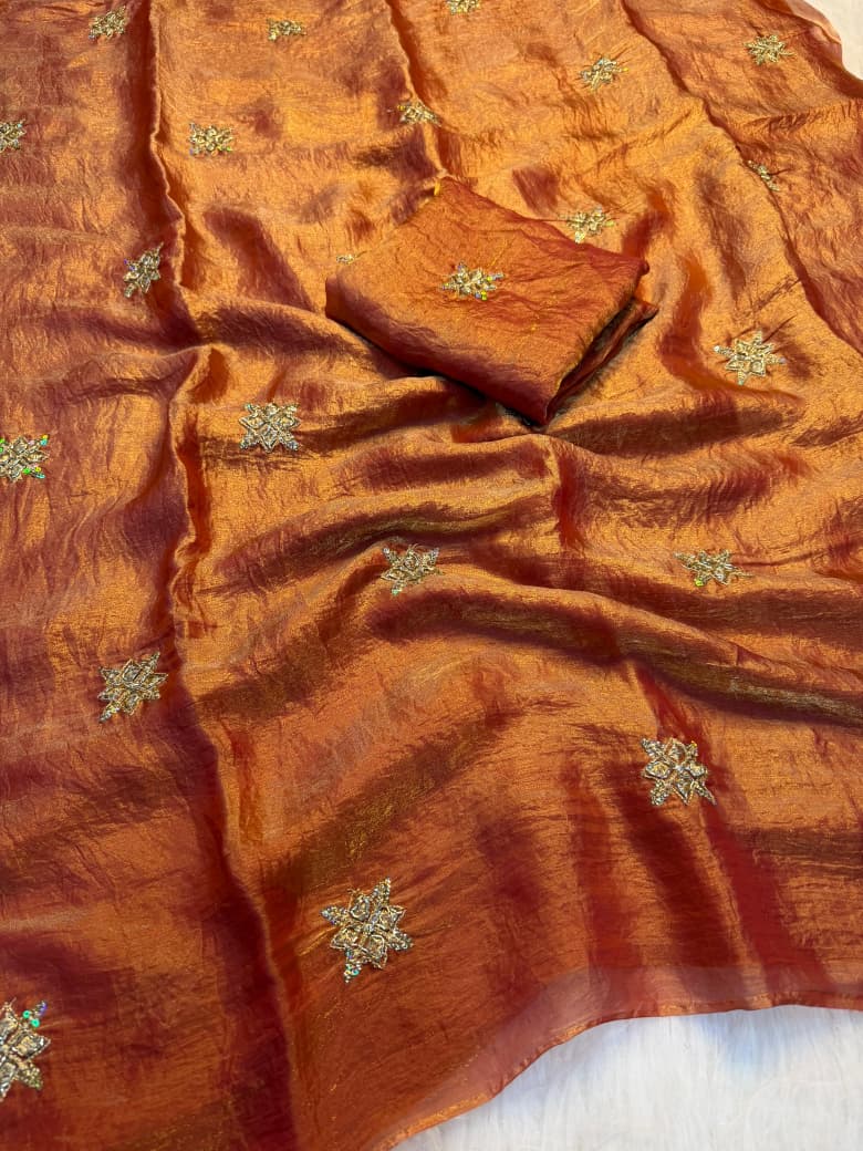 Elegant Fendy Satin Bits Work Saree with Heavy Running Blouse - ORANGE