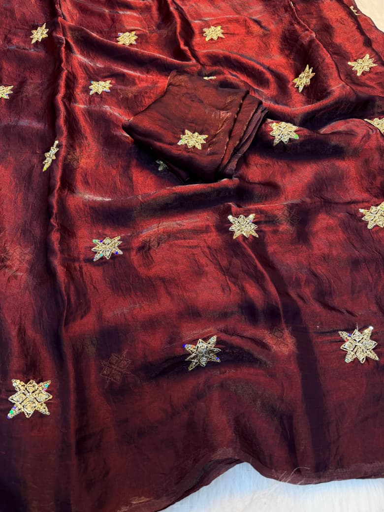 Elegant Fendy Satin Bits Work Saree with Heavy Running Blouse - MAROON