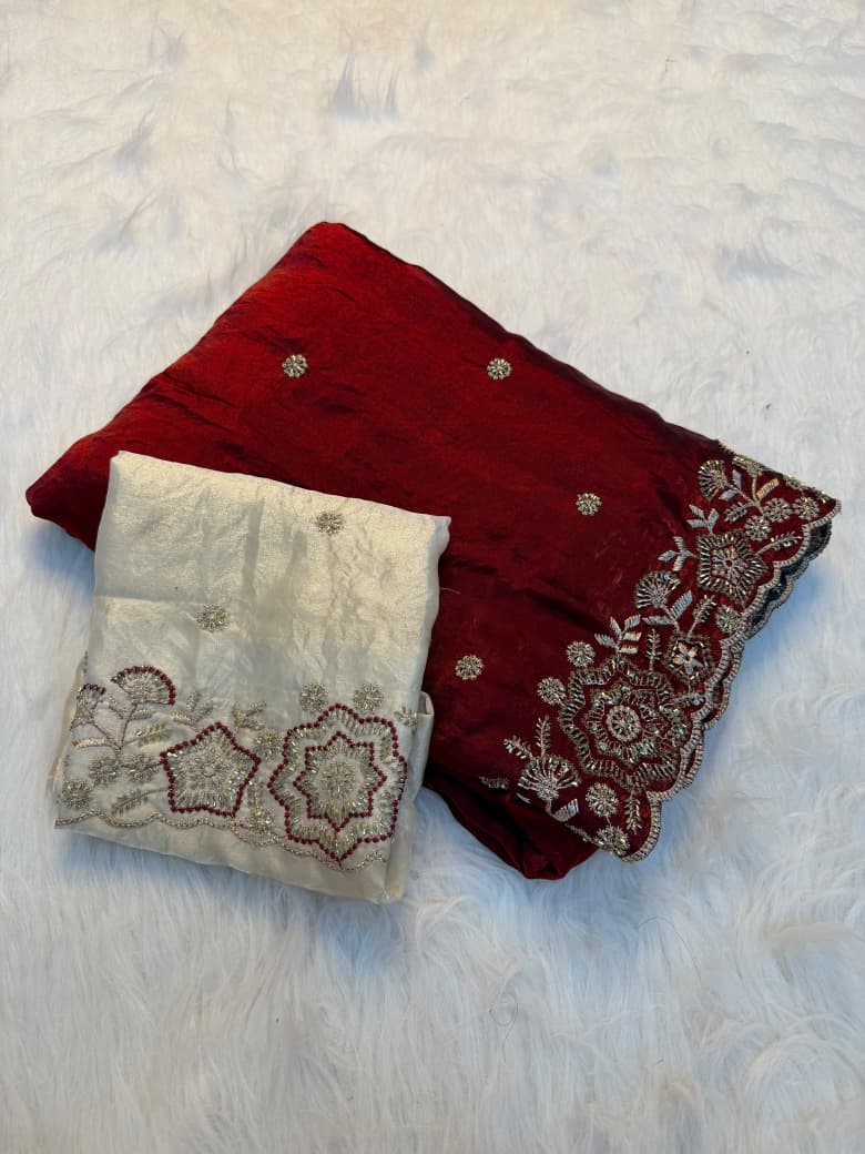 Elegant Handcrafted Embroidered Designer Saree with Intricate Border & Running Blouse - MAROON