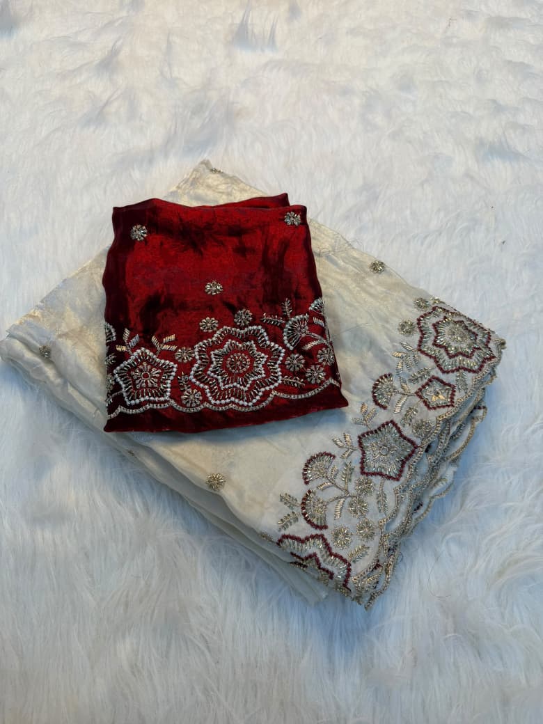 Elegant Handcrafted Embroidered Designer Saree with Intricate Border & Running Blouse - OFF WHITE