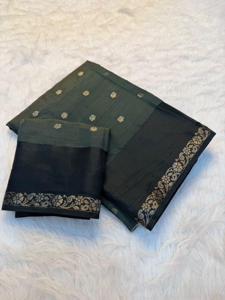 Premium Soft Tusser Silk Traditional Saree with Chit Pallu - DARK GREEN