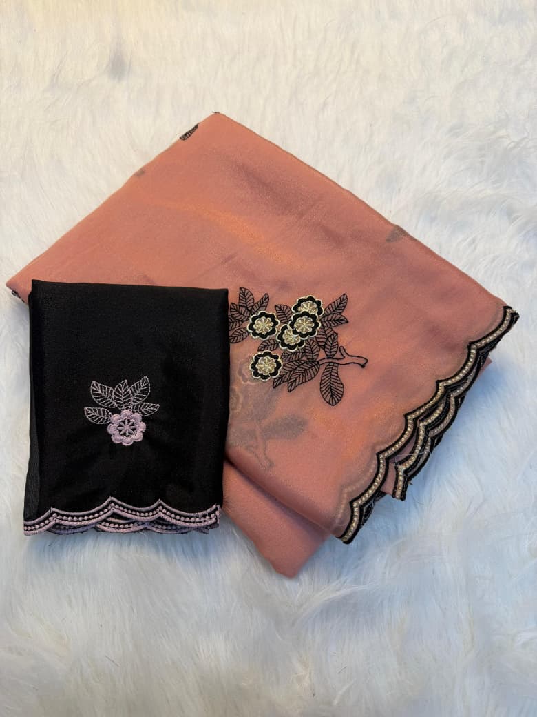 Premium Rangoli Silk Embroidery Saree - PEACH