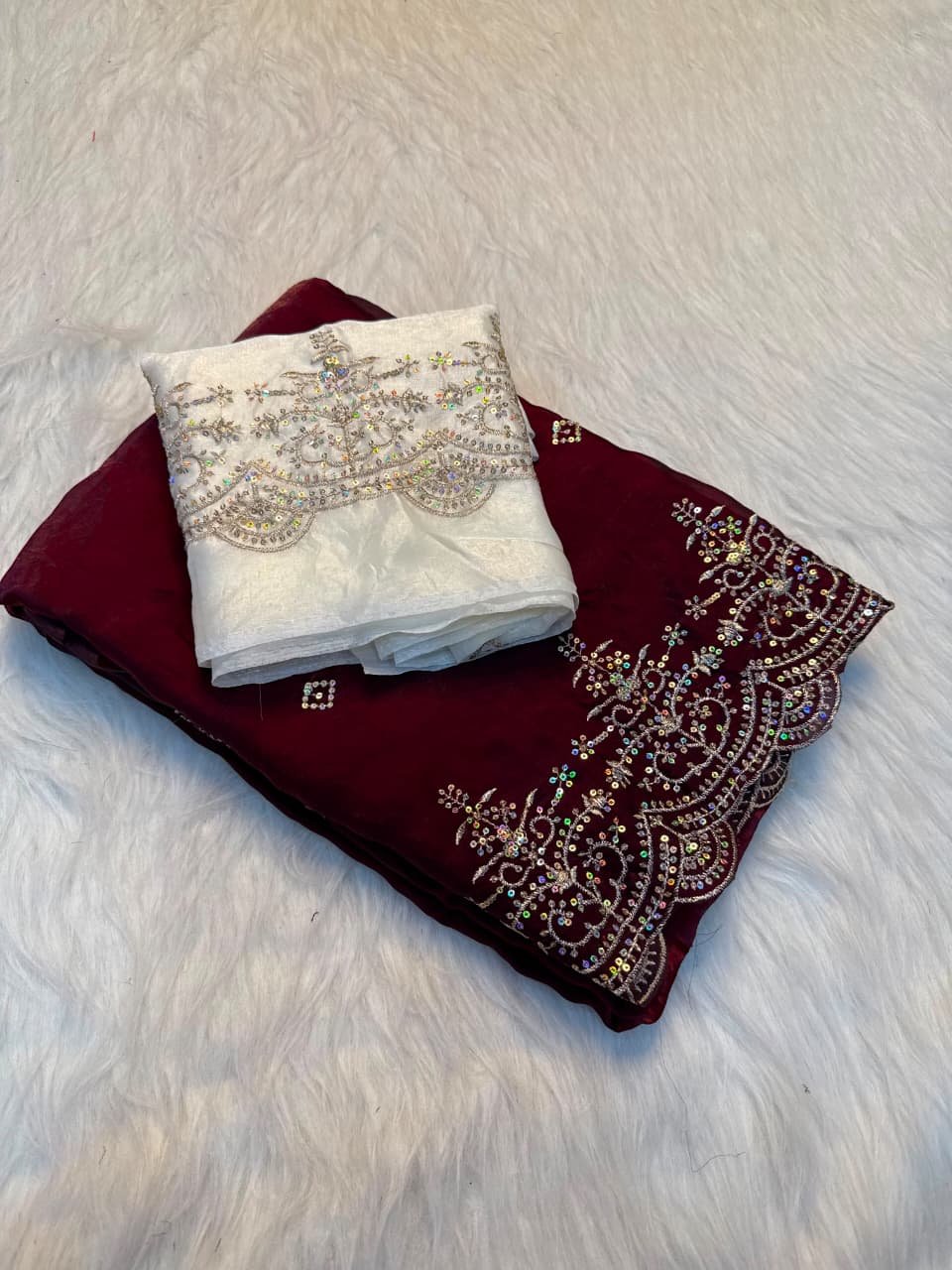 Premium Pure Soft Fendy Satin Silk Saree with Multi Embroidery Work & Designer Blouse - MAROON