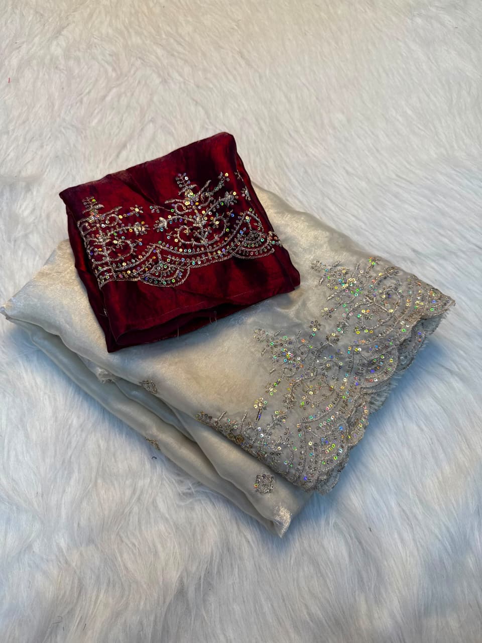 Premium Pure Soft Fendy Satin Silk Saree with Multi Embroidery Work & Designer Blouse - CREAM