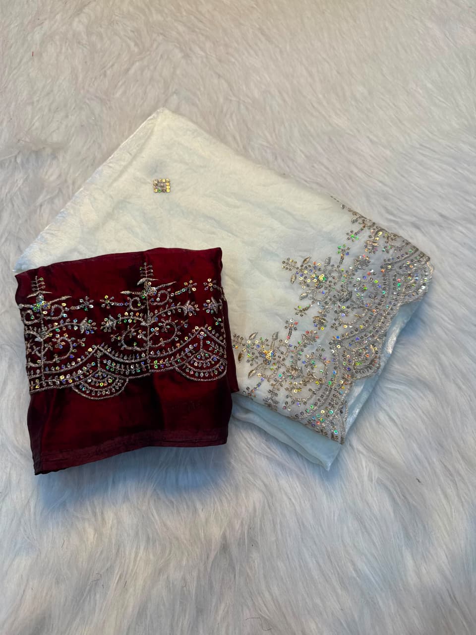 Premium Pure Soft Fendy Satin Silk Saree with Multi Embroidery Work & Designer Blouse - WHITE
