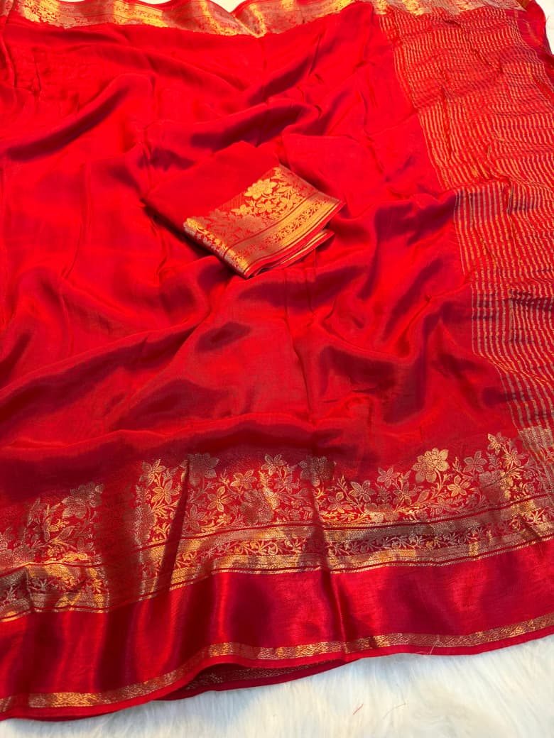 Royal Bloom Russian Viscose Saree with Jacquard Border - RED