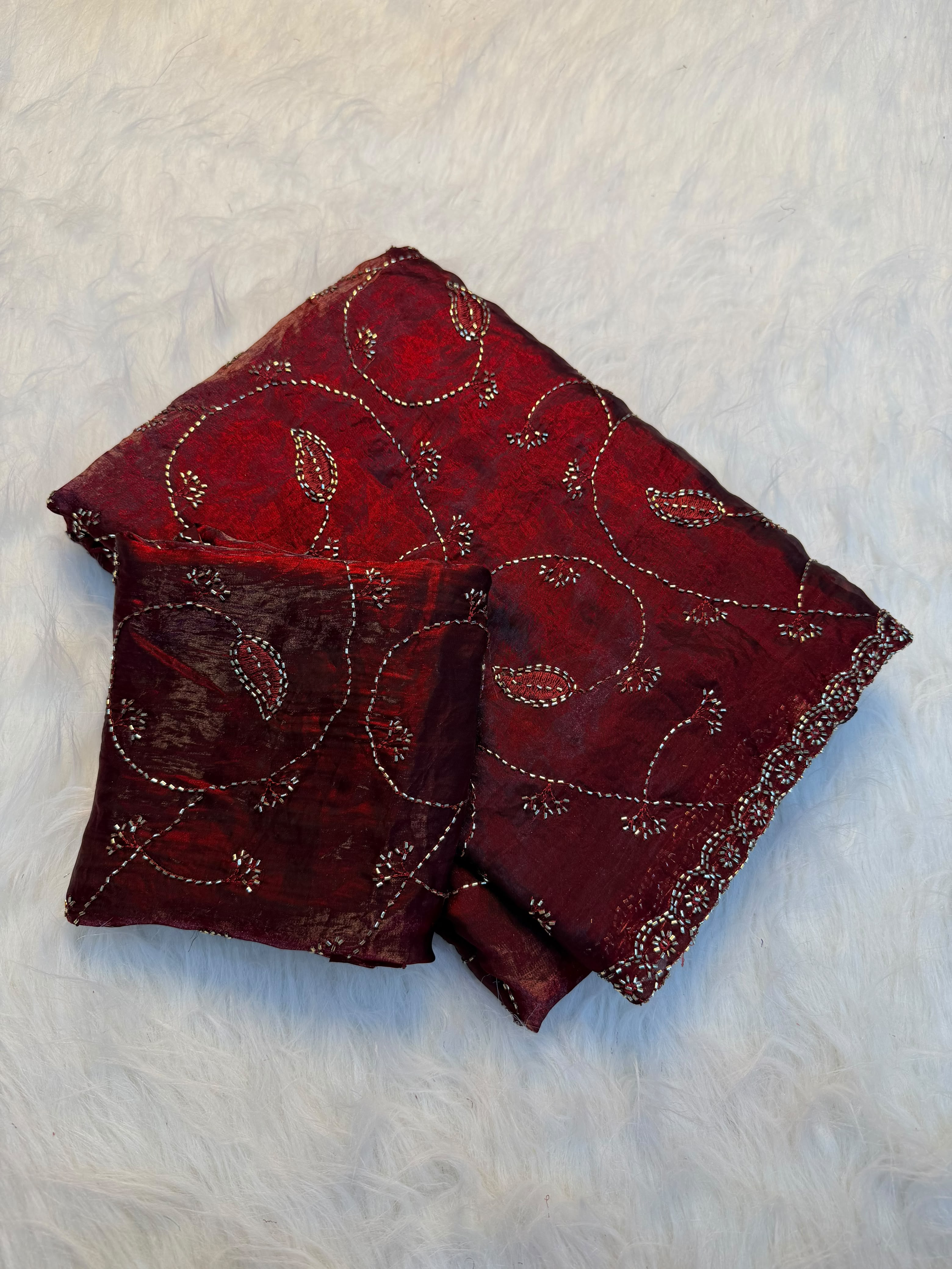 Pure Fendy Satin Swarovski & Beads Work Saree with Heavy Running Blouse - MAROON